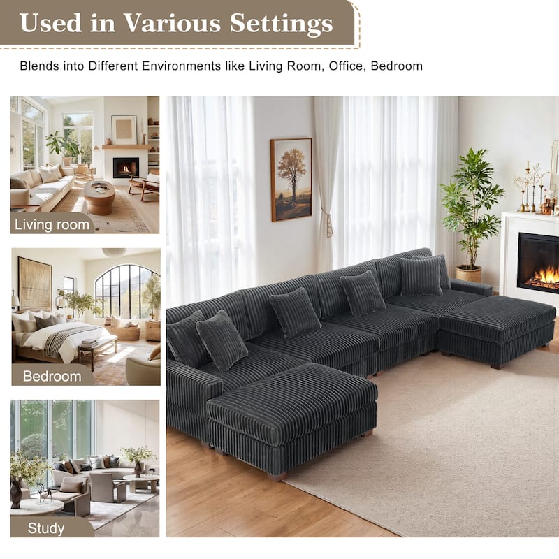 Anne 150" W Upholstered Plush Corduroy Modular Sectional Sofa