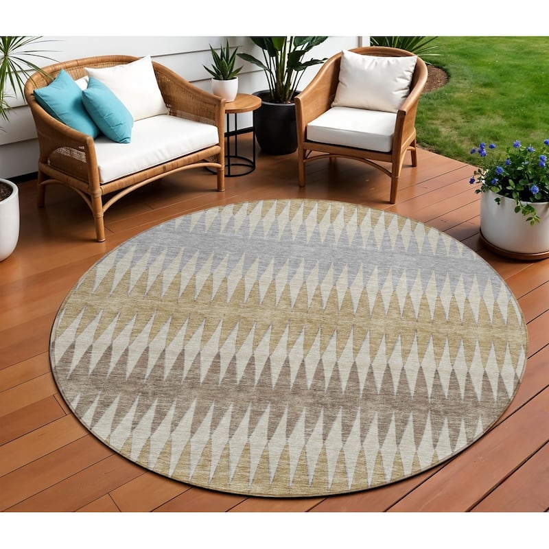 Gray And Brown Round Striped Washable Indoor Outdoor Area Rug - 8' Round - 8' Round - Beige/Brown/Grey