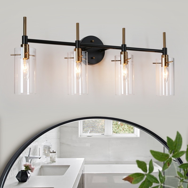 Savonnerie 4 Light Modern Black Gold Bathroom Vanity Lights Linear Glass Wall Sconces 27.5 inch L x 6 inch W x 11 inch H Size 27.5 Large x 6 W x