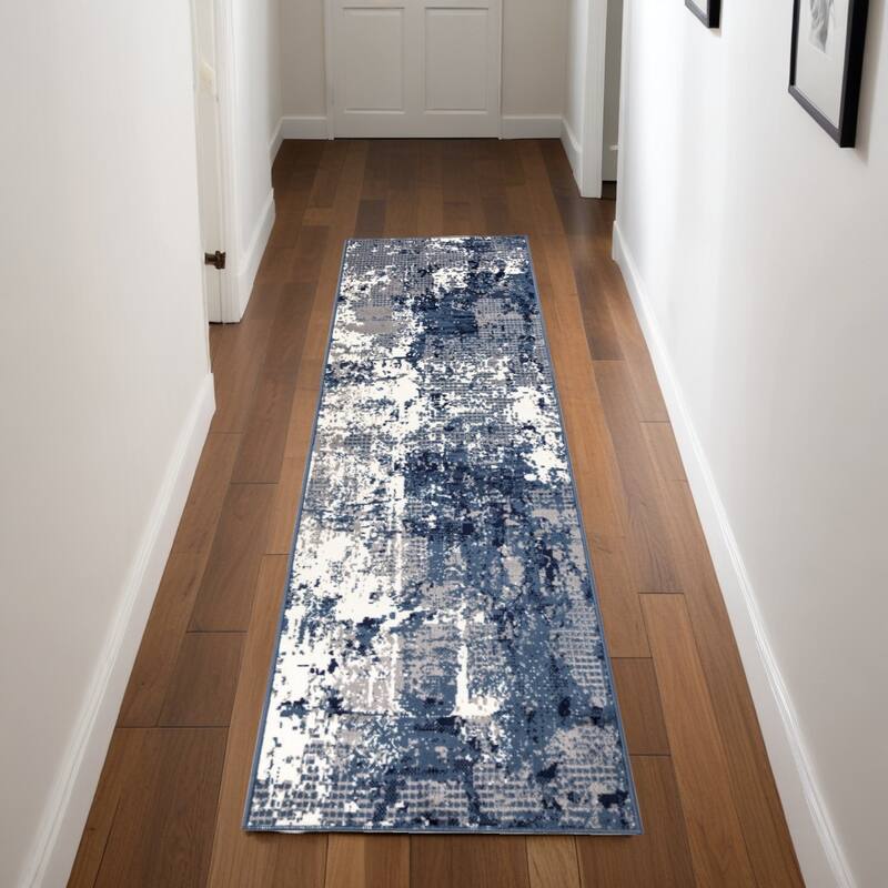 Power Loomed Abstract Modern Durable Area Rug - 90' X '27' X '0.5 - 90' X '27' X '0.5 - Oxford Blue - Runner