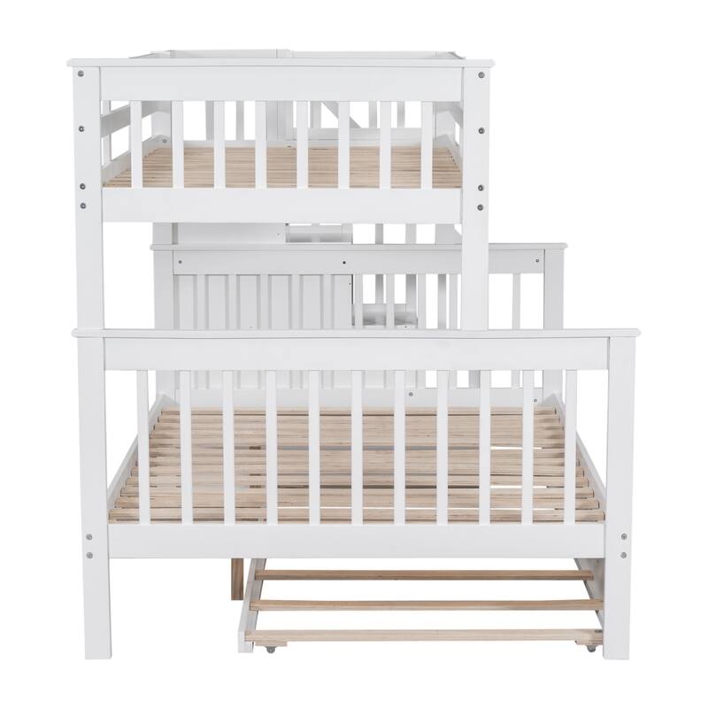 Twin-Over-Full Bunk Bed with Trundle, Storage, and Guard Rail for Bedroom or Dorm