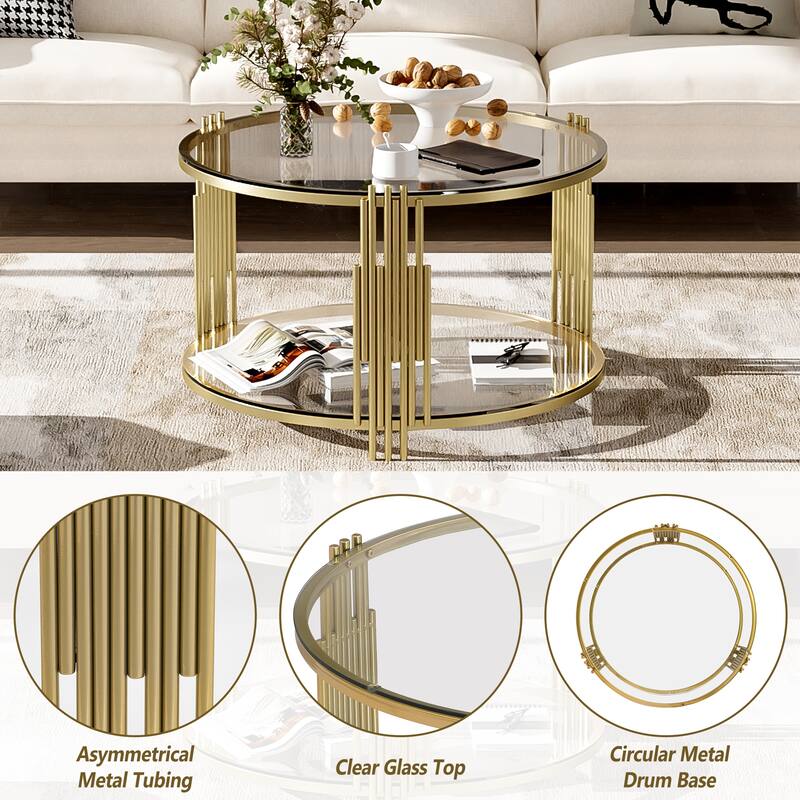 31.5" Tempered Glass Coffee Table with Asymmetrical Metal Design and Lower Shelf