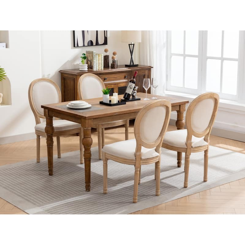 Antique French Style Solid Wood Dining Chair with Linen Fabric and Soft Cushioning