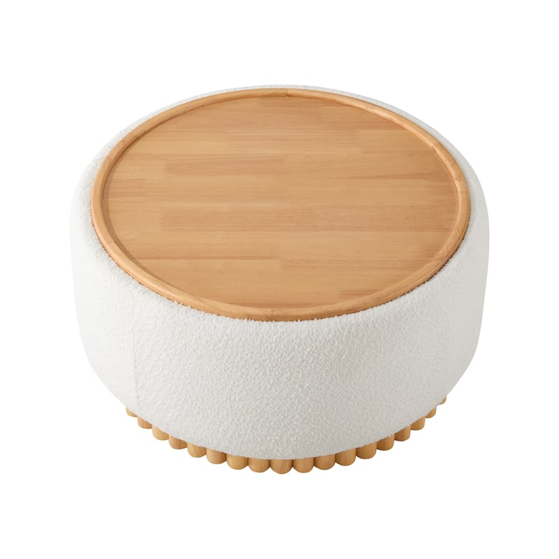 Roomfitters 29 Inch Round Storage Ottoman with Reversible Wooden Tray Top, Upholstered Coffee Table for Living Room