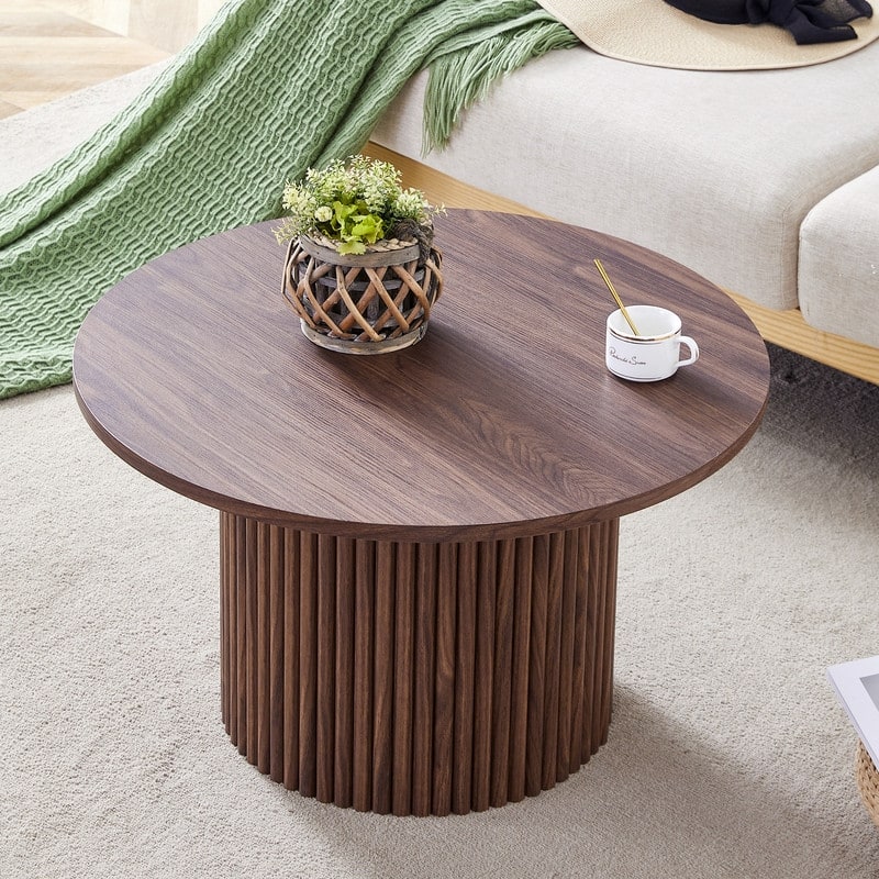 27.5 Inch Modern Circular Coffee Table with Walnut Finish & Hidden Storage