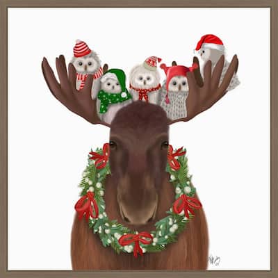 Christmas Moose and Christmas Owls Forward by Fab Funky (22 x 22 in.), Framed Canvas Wall Art Print - Sylvie Dark Gold
