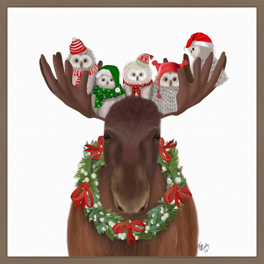 Christmas Moose and Christmas Owls Forward by Fab Funky (22 x 22 in.), Framed Canvas Wall Art Print - Sylvie Dark Gold