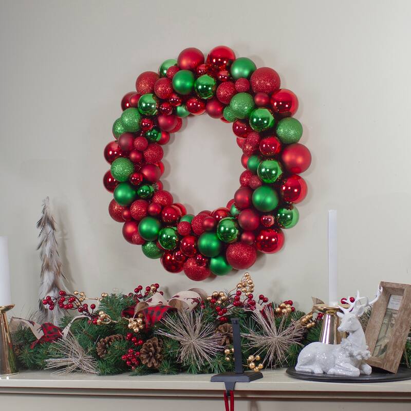 Red Green 3-Finish Shatterproof Ball Christmas Wreath - 24-Inch, Unlit