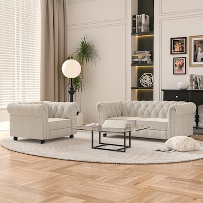 Morden Fort Button Tufted Upholstered Chesterfield Sofa Set Chair, Loveseat 2 PCS for Living Room,Linen,Solid Wood Legs