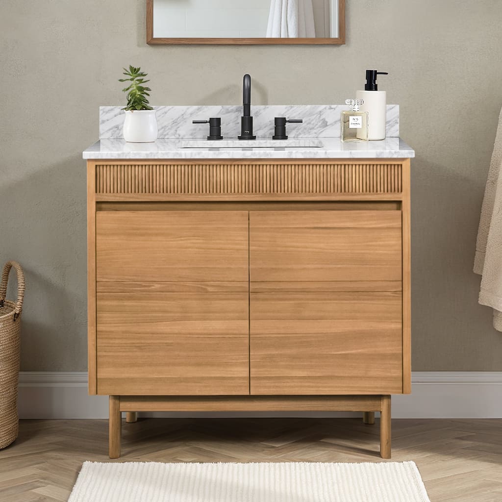 Avanity Kayla Bathroom Vanity in Natural Teak with Carrara White Marble Top