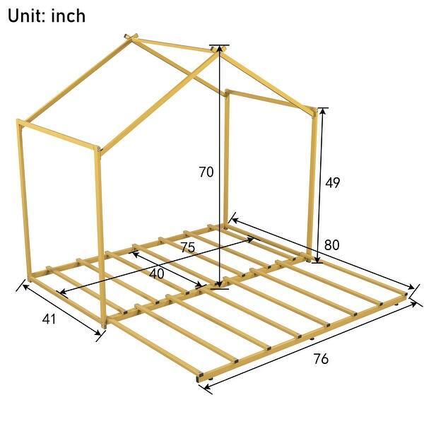 Twin Size Metal Platform Bed Frame with Roof & Guardrails, Metal House Bed with Trundle Bed for Kids Teens Girls Boys, Gold