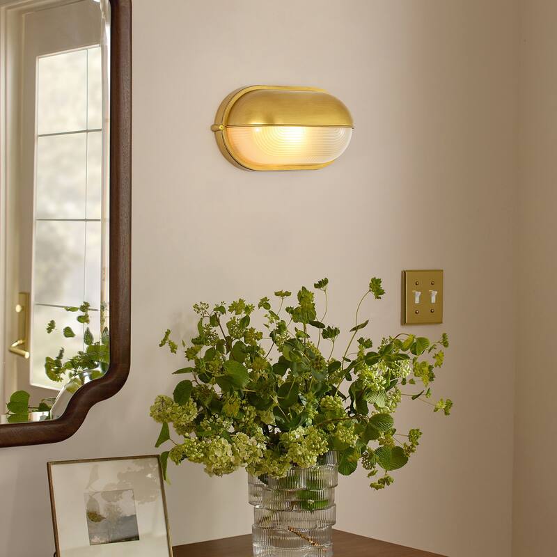11"W 1-Light Retro 40W Oval Painted Gold Finish Wall Sconce with Clear Rippled Glass - 11.0 in. W x 6.3 in. H x 4.7 in. D