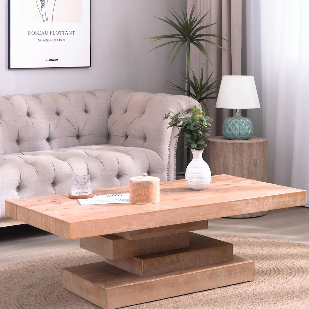 Farmhouse Rectangular Coffee Table with Wood Block Base