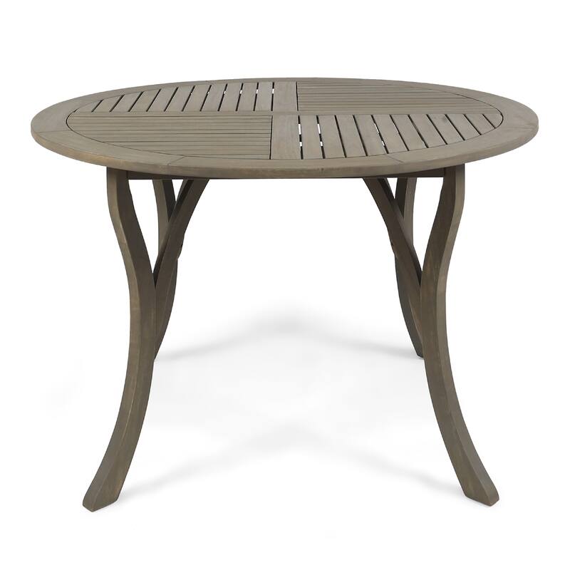 Olen Outdoor Round Dining Table, Curved Legs, Gray Acacia Wood 47 Inch