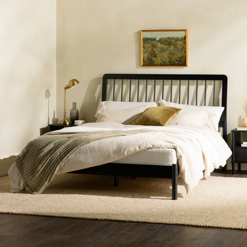Mid-Century Modern Solid Wood Queen Spindle Bed in Black