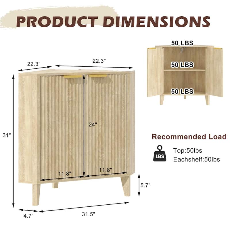 EROMMY Fluted Wood Corner Storage Cabinet with Power Strip, Adjustable Shelf, Small Space Corner Unit