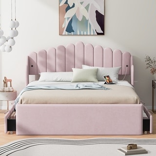 Full Upholstered Platform Bed with Drawers & USB Ports