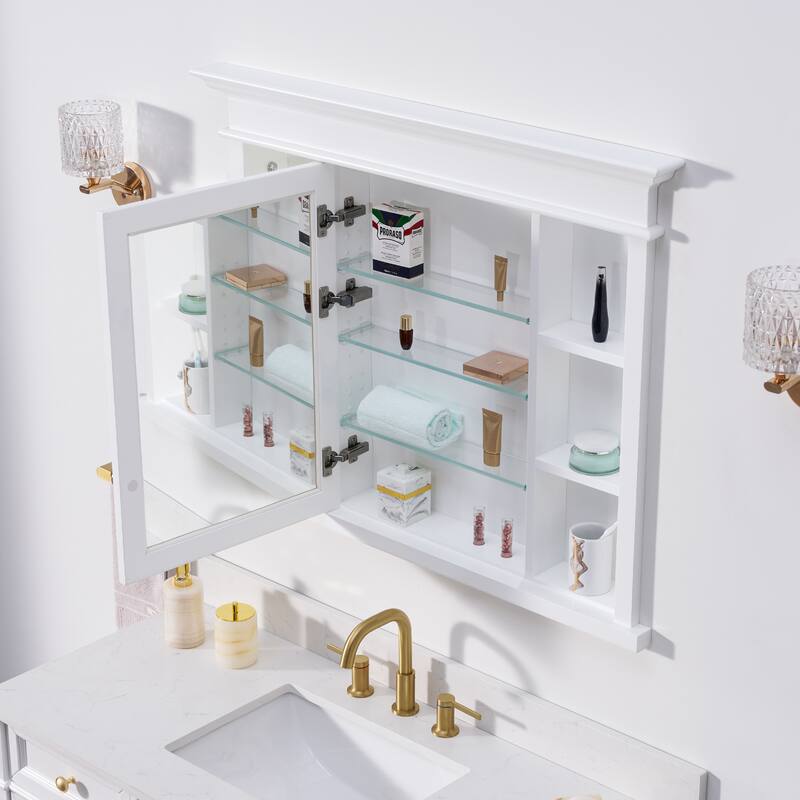 32''H Recessed Mount Solid Wood Framed Medicine Cabinet With Mirror And Shelves