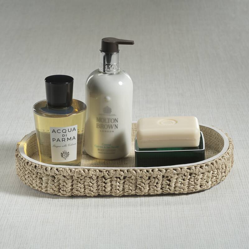 Reggio Loom Oval Raffia Tray with Leather Trim