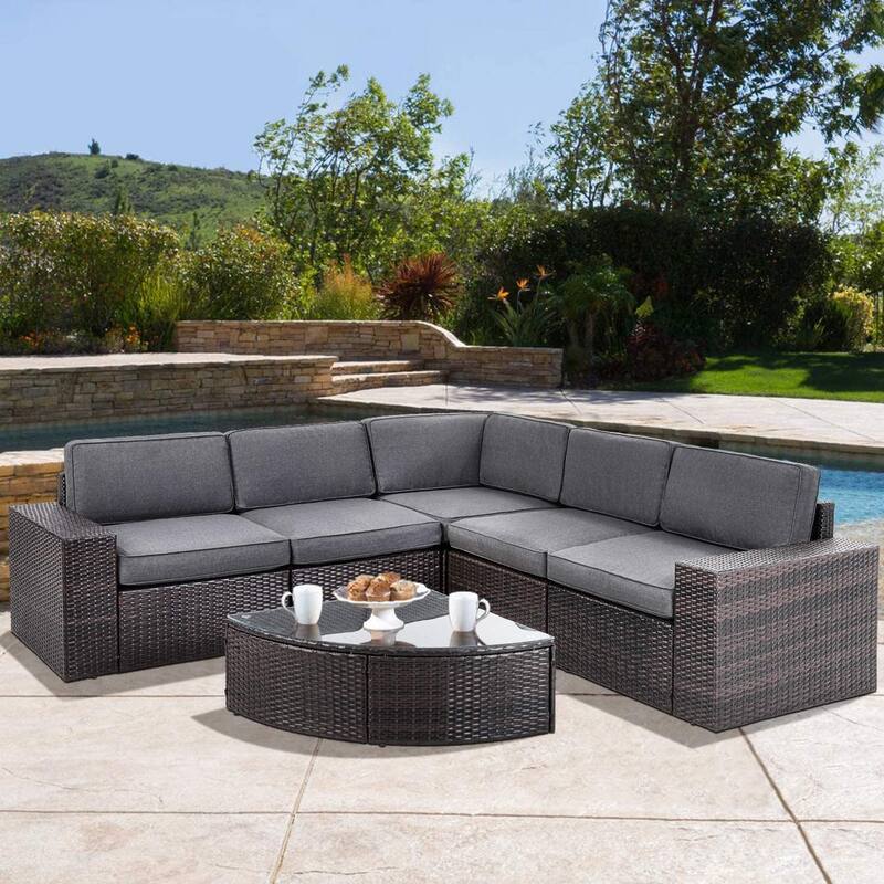 Suncrown Outdoor 6-piece Brown Rattan Sectional Sofa Set with Table - Grey