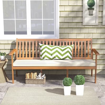 3-Seater Solid Acacia Wood Outdoor Bench with Off-White Cushion and Inclined Backrest - 64"L x 24"W x 31"H