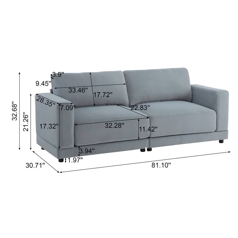 81" Gray Modern Sofa with Velvet Upholstery and Sturdy Legs