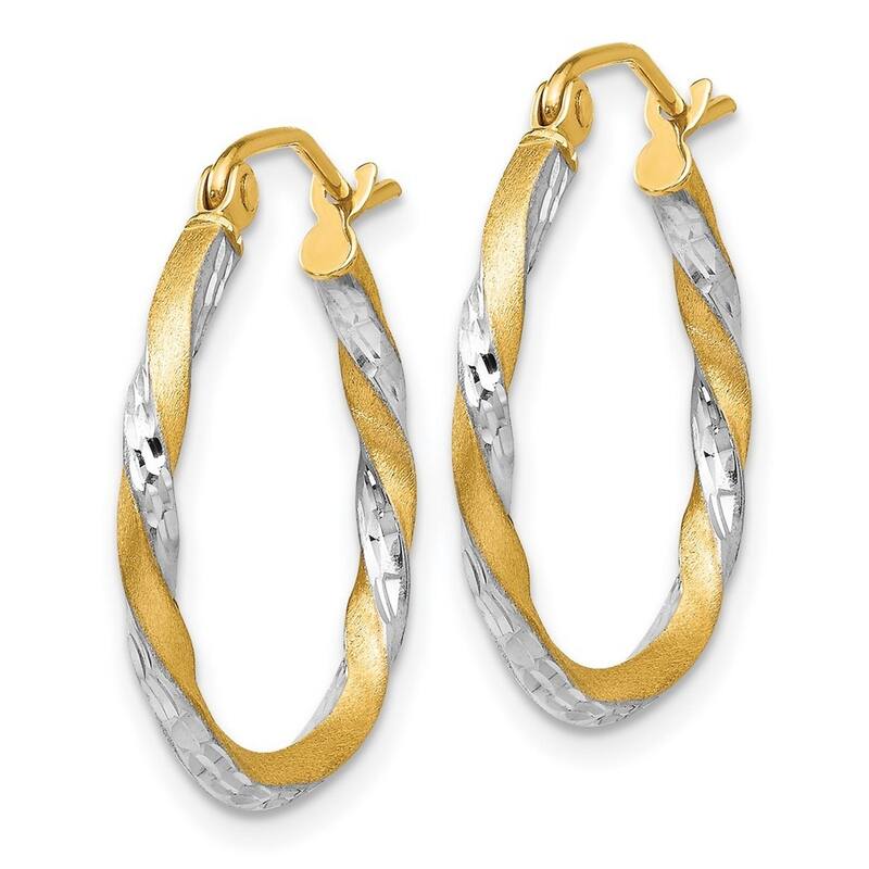 Curata 14k Yellow Gold and Rhodium Sparkle Cut 20x2mm Twisted Hoop Earrings