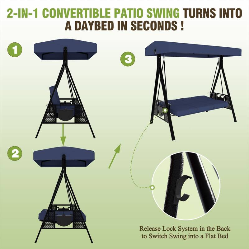 VEIKOUS 3-Seat 2-in-1 Convertible Patio Porch Swing with Adjustable Canopy Swing and Cushion