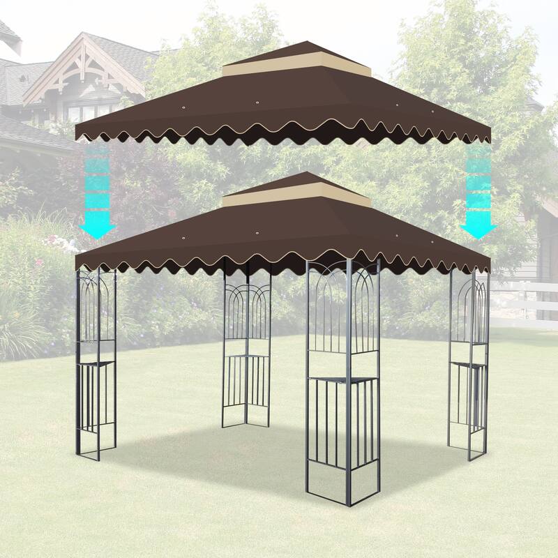 10x10 Ft Double Tiered Gazebo Replacement Canopy with Wavy Border, UV Protection & Mosquito Net - Brown