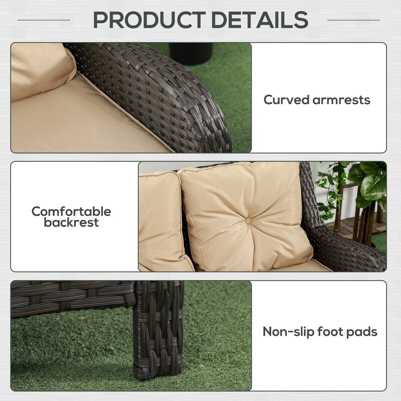 Outsunny 3-Seater Outdoor Sofa with 4" Thick Padded Cushions, PE Rattan Patio Outdoor Couch with Curved Armrests for Sunroom