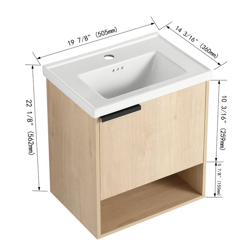 Malwee 16"/20" Floating Bathroom Vanity, Mini Wall Mounted Bathroom Vanity with Ceramic Sink and Soft Close Door