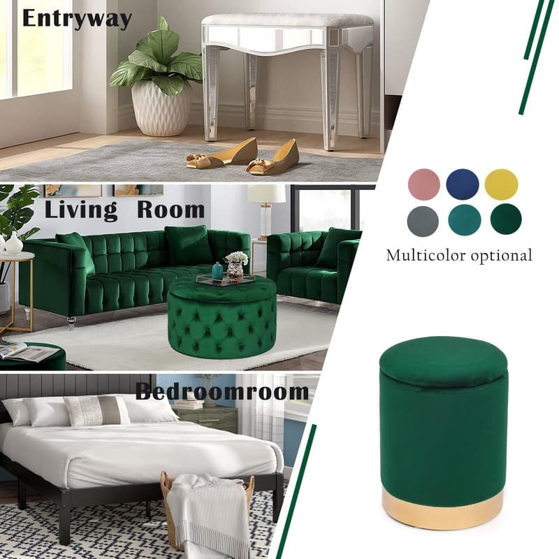 Adeco Round Storage Ottoman Footrest Stool Velvet Gold Plating Base