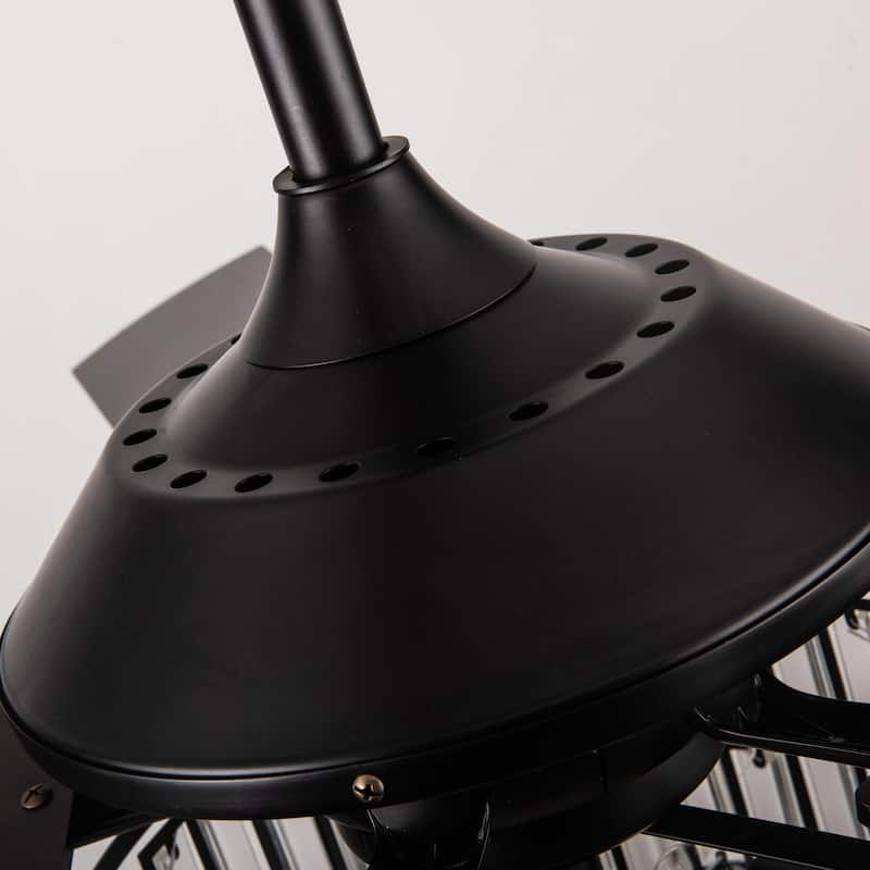 52" Matte Black Industrial Crystal Caged Downrod Mount Ceiling Fan with Remote and Light