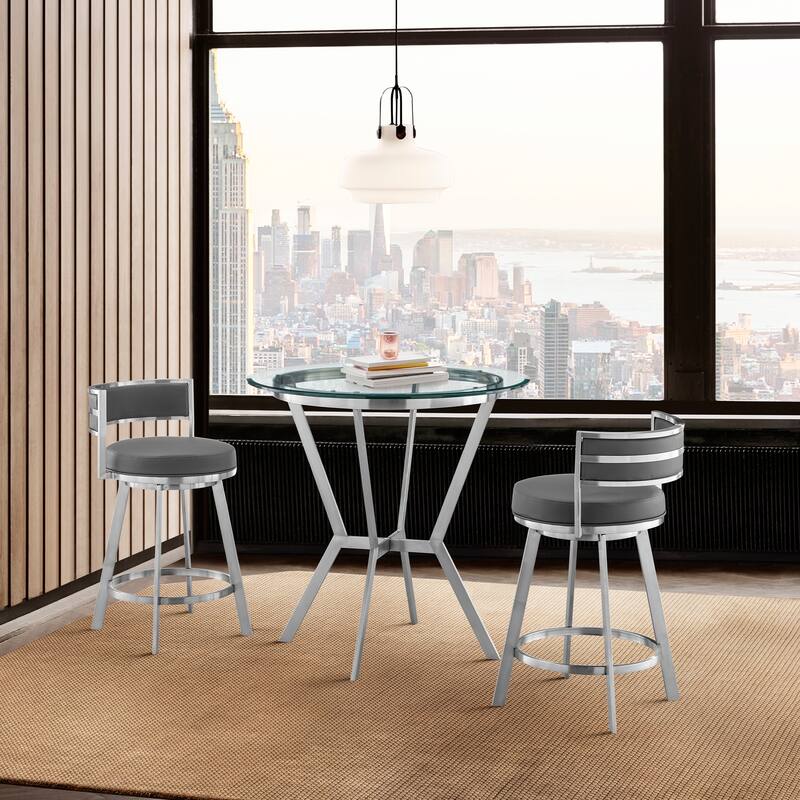 Naomi and Roman Counter Height Dining Set in Grey Faux Leather - 3-Piece Sets - Brushed Stainless Steel & Gray