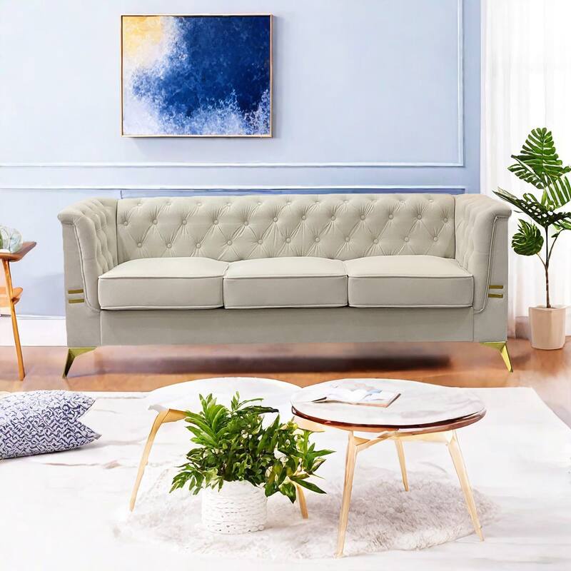 82'' Modern Velvet 3-Seater Couch with Tufted Design and Gold Metal Legs