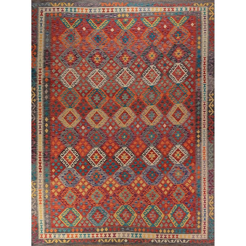 Reversible Kilim Oriental Area Rug Hand-Woven Southwestern Wool Carpet - 9'11"x 12'11"