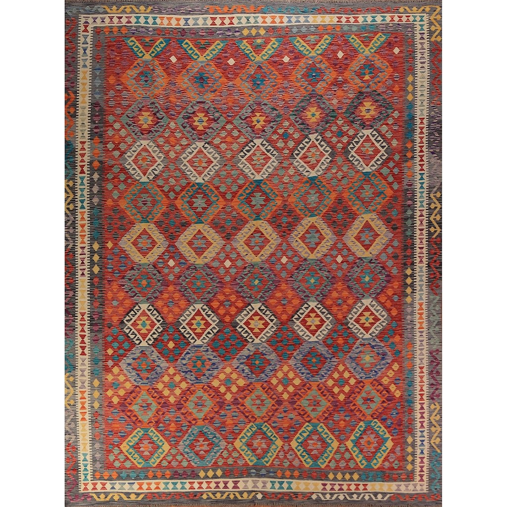 Reversible Kilim Oriental Area Rug Hand-Woven Southwestern Wool Carpet - 9'11"x 12'11"