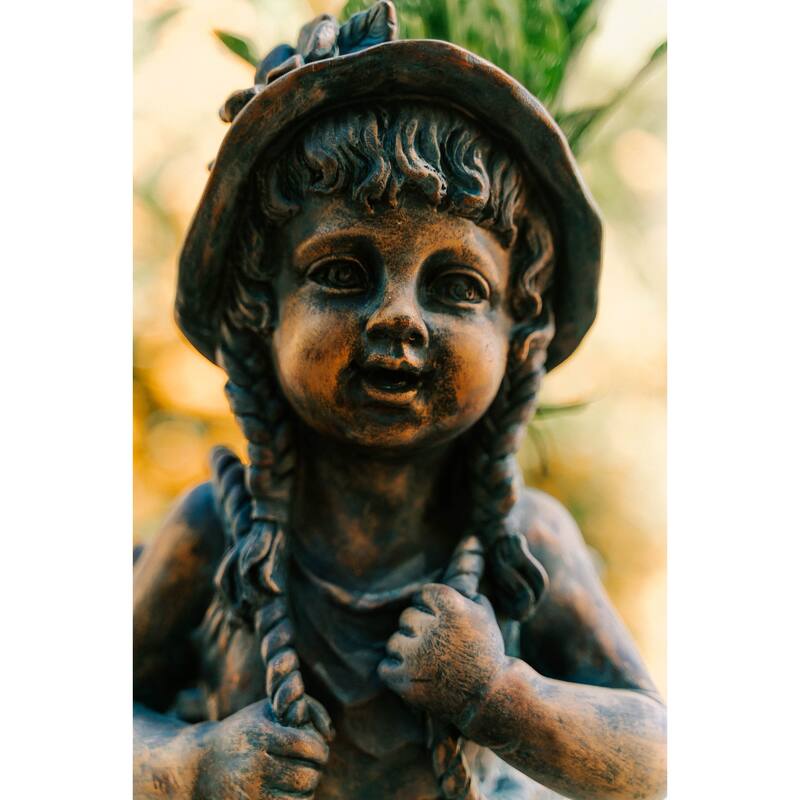 Xbrand 24" H Faux Bronze Magnesium Oxide Walking Garden Statue w/Small Flower Plant Pot, Natural Design Sculpture