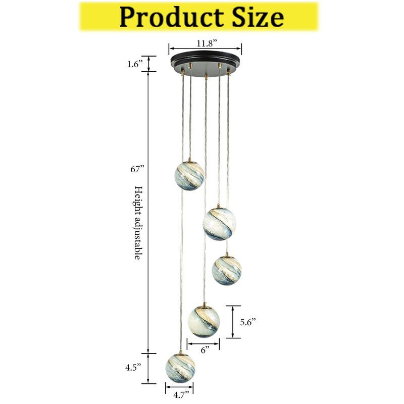 CraftHome 12'' 5-Light Modern Glazed Glass Globe Staircase Chandelier Coastal Glass Pendant In Matte Black For Entryway - W18''