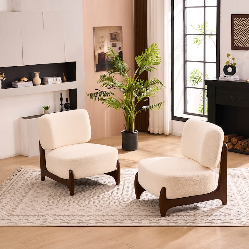 30"W Mid-Century Modern Accent Chair with Solid Wood Frame, Boucle Comfy Living Room Chair for Bedroom Lounge Reading Room - Set of 2 - Beige