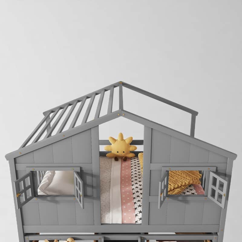 Full House-Themed Loft Bed with Ladder, Roof, Windows, Safety Rails and Storage Drawers for Kids