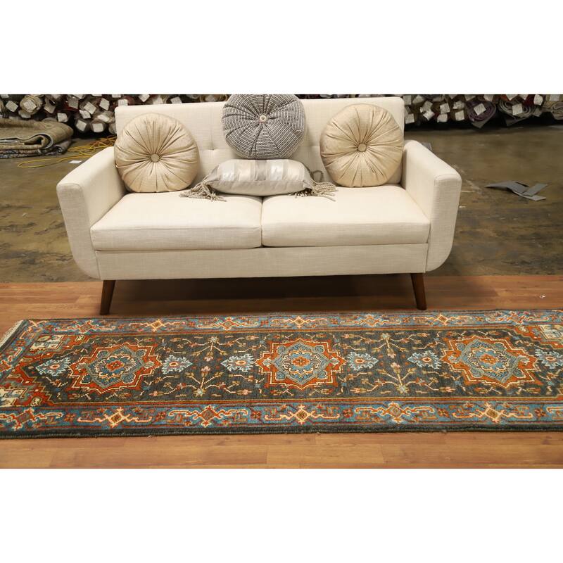 Hand Knotted Oriental 100% Wool Carpet Transitional Floral Greys & Charcoal Oushak Runner Rug - 8' 0'' X 2' 7''