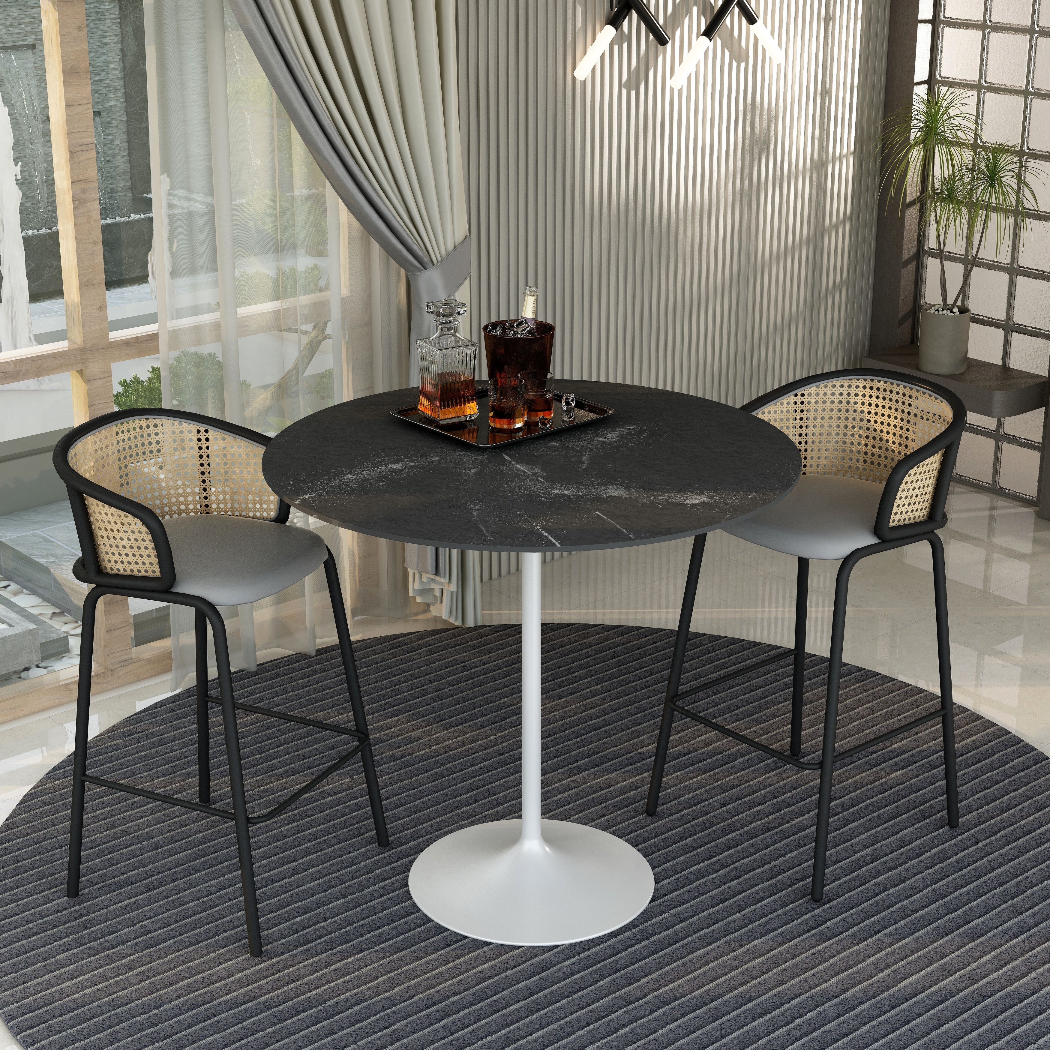 Verve Modern 48" Round Dining Side Table with Accent Solid Wood Top and White Steel Base for Kitchen & Dining Room