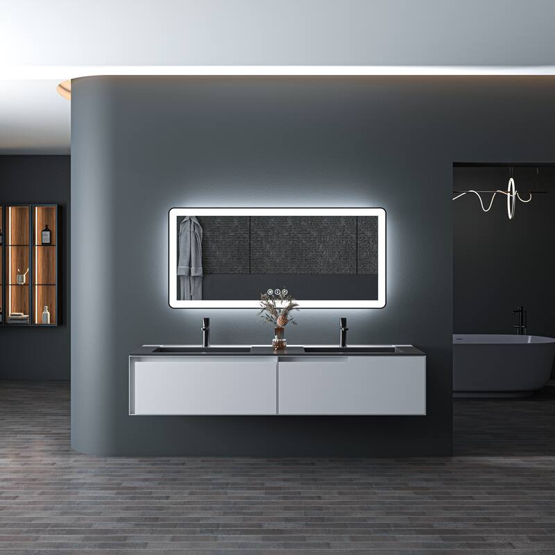 TOOLKISS Black Frame Anti-Fog Dimmable LED Light Vanity Bathroom Mirror with Backlit and Front Light