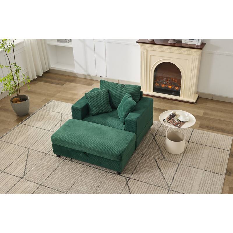 Chaise Lounge Chair with Removable Ottoman, Modern Accent Armchair Corduroy Sleeper Sofa Chair with Pillows for Living Room