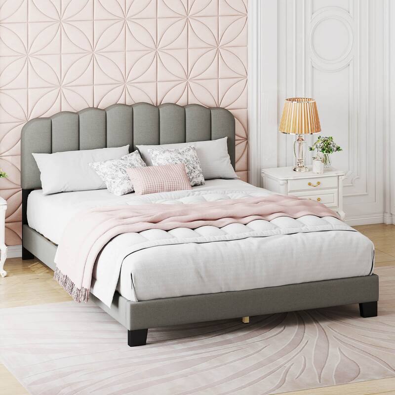 Costway Queen Size Bed Frame Linen Upholstered Platform Bed with