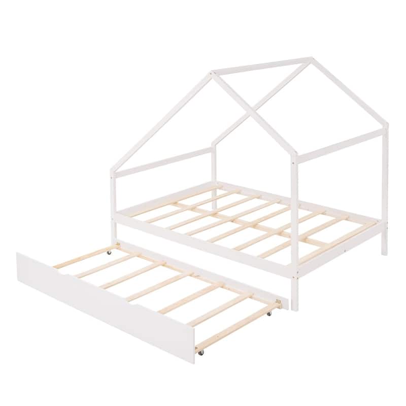 Merax Wooden House Bed With Twin Size Trundle