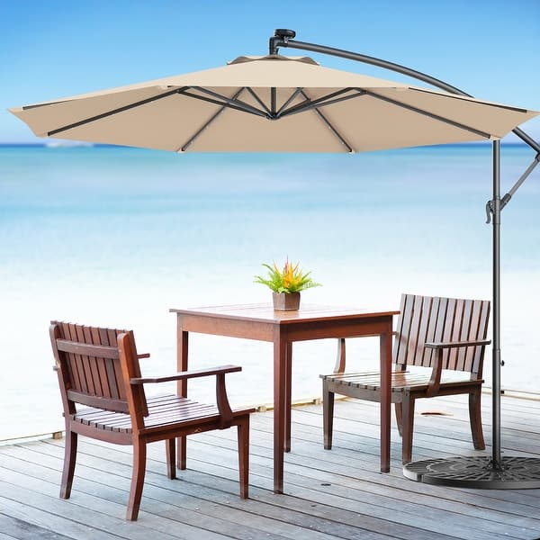 costway 10ft patio umbrella solar powered led 360degrees rotation beige 10 ft Cantilever with 32 Lights and 220 LBS Base-Dark Blue day shade Costway 10 FT Solar LED