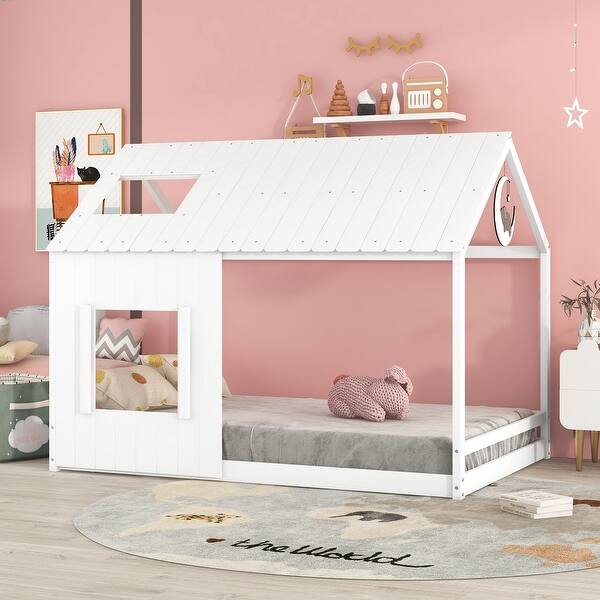 slide 2 of 72, Modern Pine Wood House Bed with Roof and Window, Sturdy Construction