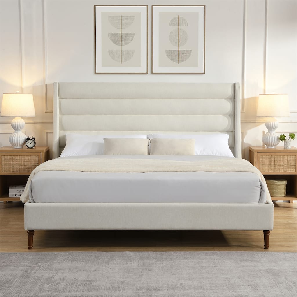 King Size Bed Frame High Headboard Upholstered Platform Bed